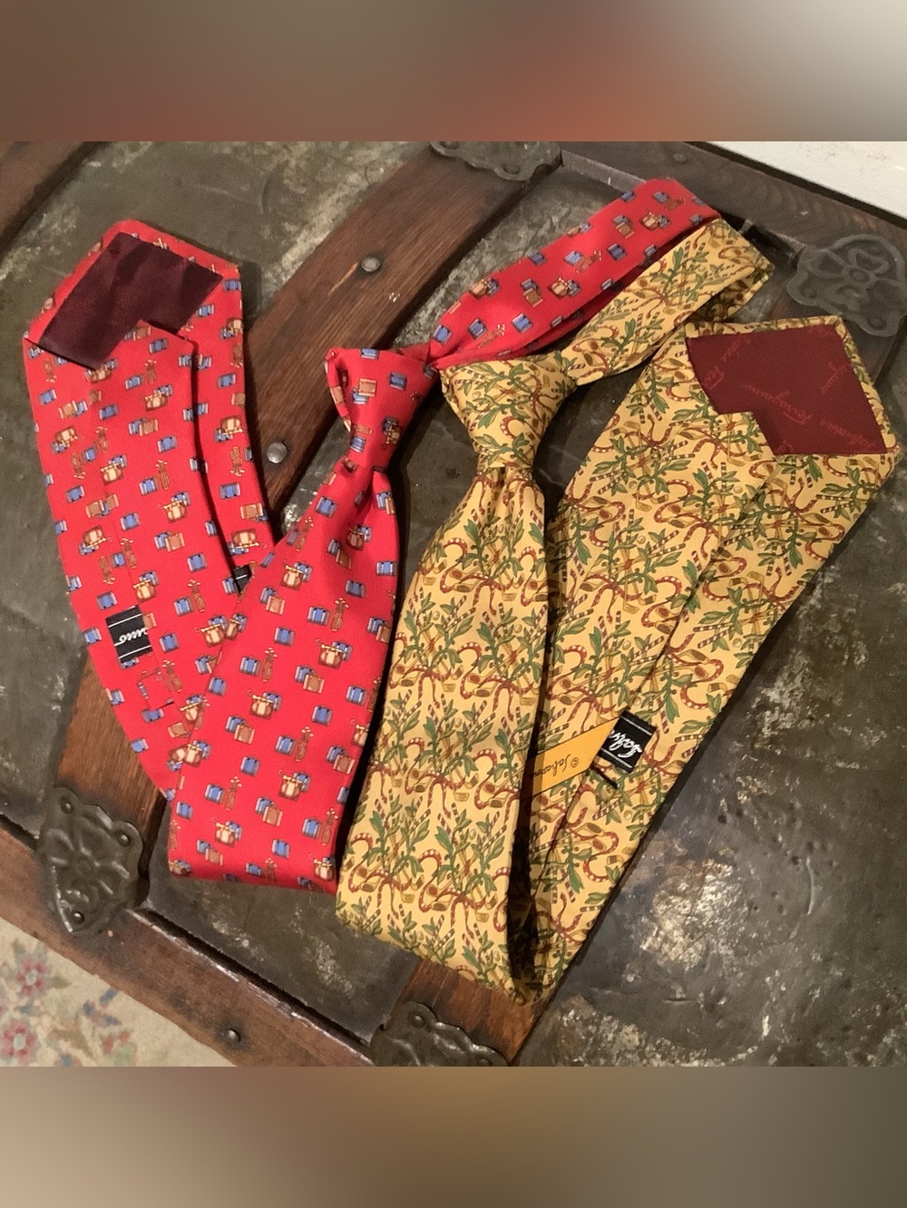 Salvatore Ferragamo Red and Yellow Patterned Italian Silk Ties (2) - EUC